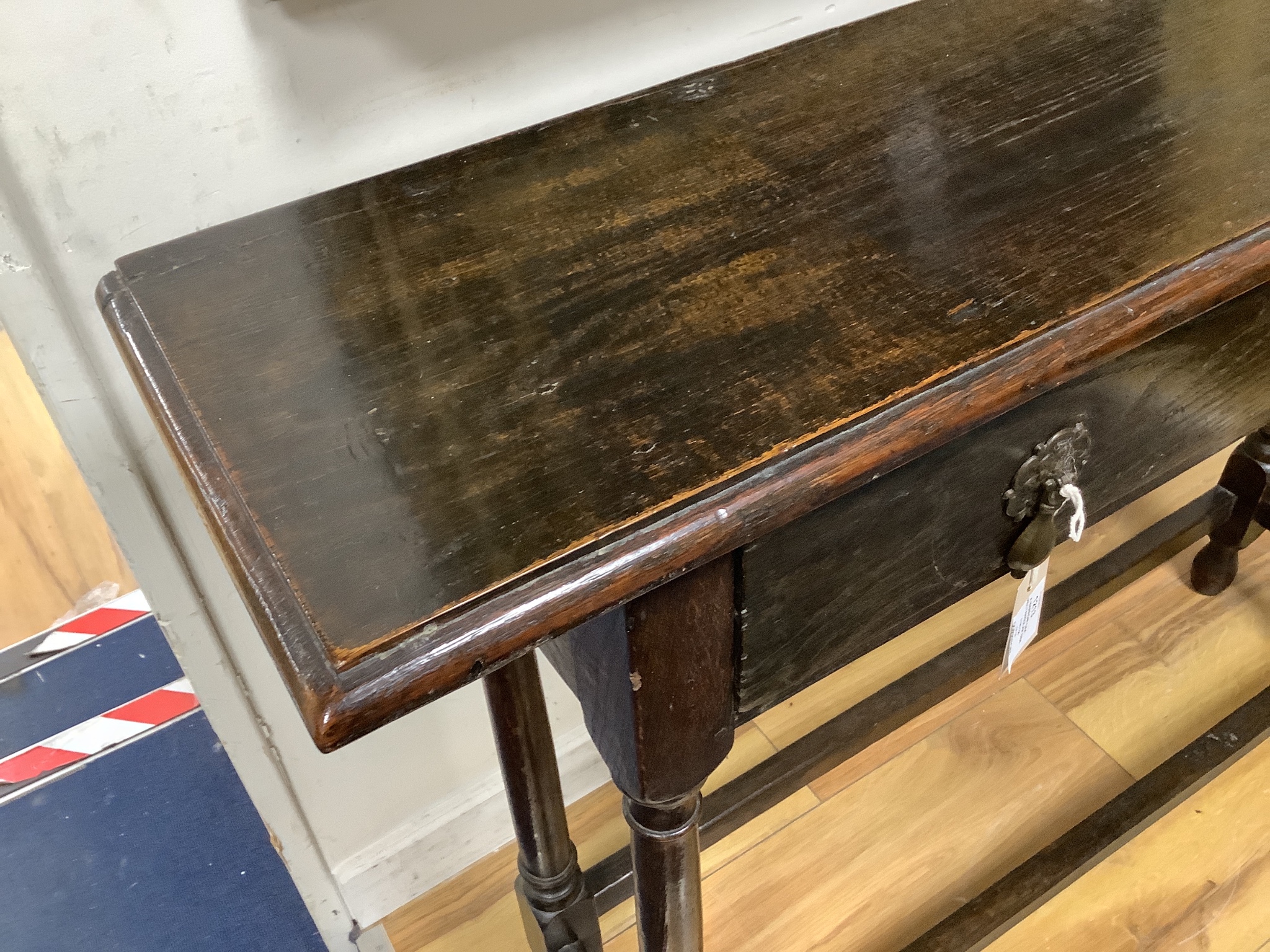 A narrow oak rectangular side table